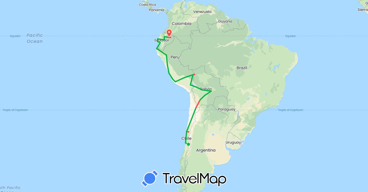 TravelMap itinerary: driving, bus, hiking in Bolivia, Chile, Ecuador, Peru (South America)